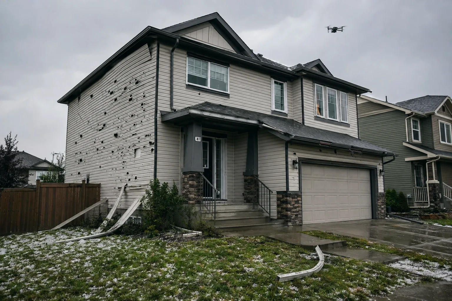 Hail-damaged suburban home with dented siding and a drone flying overhead