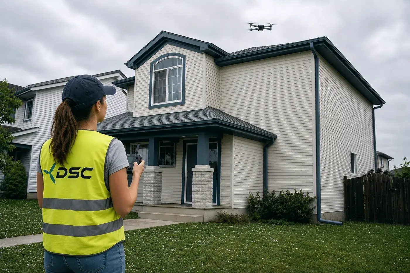DSC pilot flying a drone inspection over a hail-damaged home