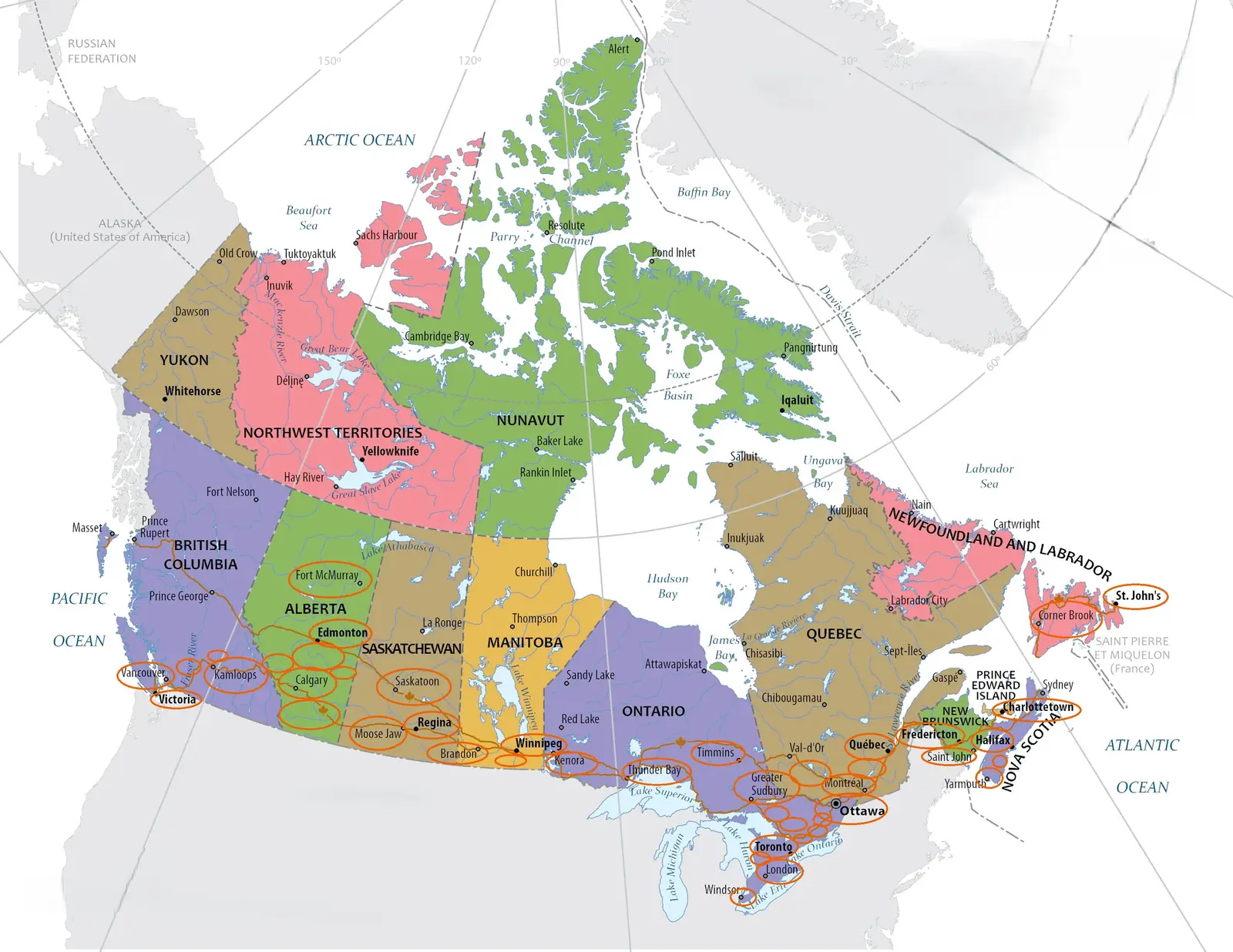 Map of Canada showing DSC operating coverage, with served cities and regions ringed from Victoria to St. John's